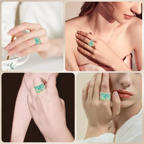 Vista 2 de Anillos de árbol de flores de la suerte, oro rosa, ópalo verde, esmaltado, anillo ancho para mujer, joyería vintage de cristal para fiesta