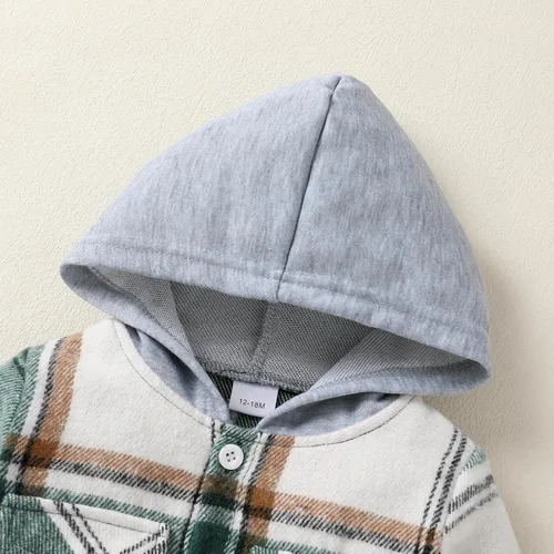 Vista 4 de YOUNGER TREE Conjunto de sudadera con capucha para niños pequeños, conjunto de camisa de franela a cuadros para otoño, invierno y primavera