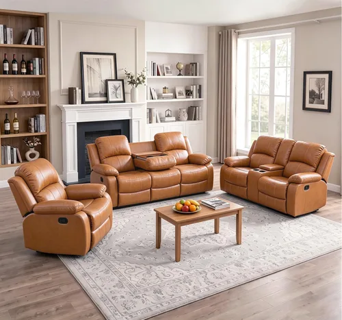 Vista 18 de Silla reclinable de cuero para conjunto de muebles de sala, sofá reclinable de cuero beige para espacios pequeños/RV, sillón individual