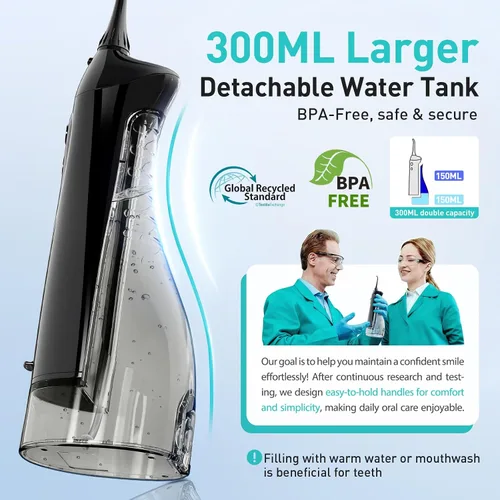 Vista 3 de COSLUS Hilo Dental de Agua: Irrigador Oral Portátil Inalámbrico 300ML Recargable Limpiador de Viaje IPX7 Impermeable Máquina de Hilo Dental