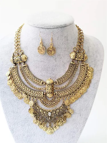 Vista 4 de Conjunto de collar y aretes para mujer, estilo étnico, étnico, étnico, gitano, grueso, para festivales