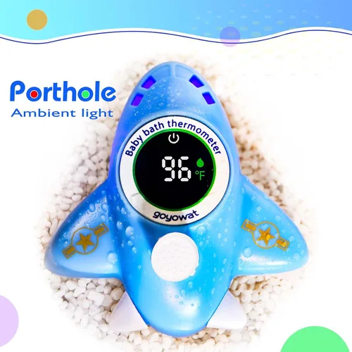Vista 3 de Termómetro de bañera para bebé, juguete azul de avión, monitor digital flotante de temperatura del agua con pantalla LED y alarma de color, adecuado