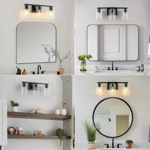 Vista 8 de WILON Lámpara de tocador de baño, 3 luces de tocador modernas de color negro claro con apliques de pared de vidrio transparente con vidrio