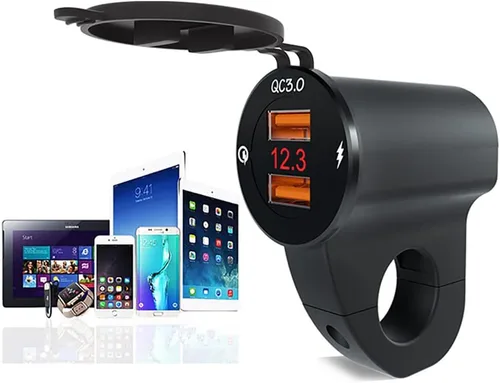 Vista 2 de Riloer Impermeable 12V motocicleta QC3.0 Dual USB cargador puertos adaptador de corriente con voltímetro digital para teléfonos inteligentes