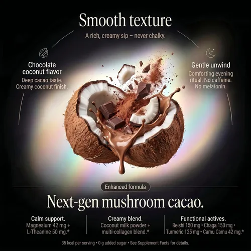 Vista 3 de Mushroom Cacao Organic Powder Sugar Free - 1250mg Multi-Collagen Peptides Blend, Reishi, Chaga, Magnesium, L-Theanine, Turmeric & Camu Camu, 30