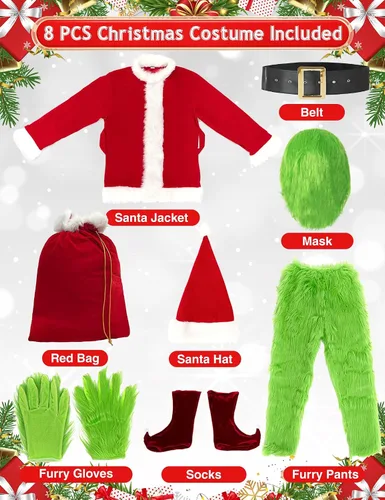 Vista 5 de Disfraz de Navidad para hombres, traje de Papá Noel, para adultos, 8 piezas, de lujo, peludo, verde, monstruo grande para Halloween, vacaciones