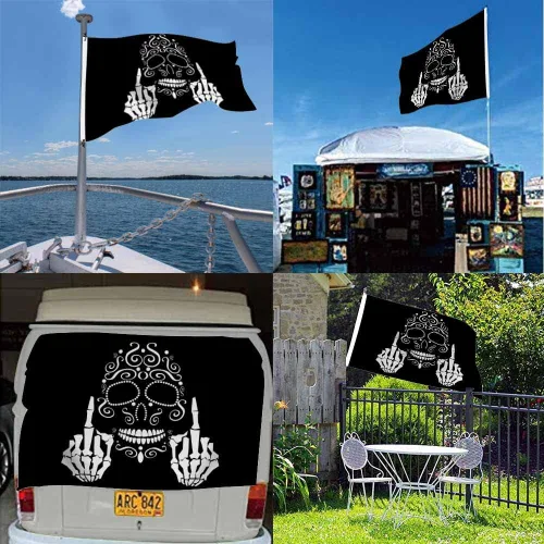 Vista 5 de Swono Bandera de calavera con diseño de esqueleto con dedo medio, bandera negra de 3 x 5 pies, bandera grande para exteriores e interiores, oficina