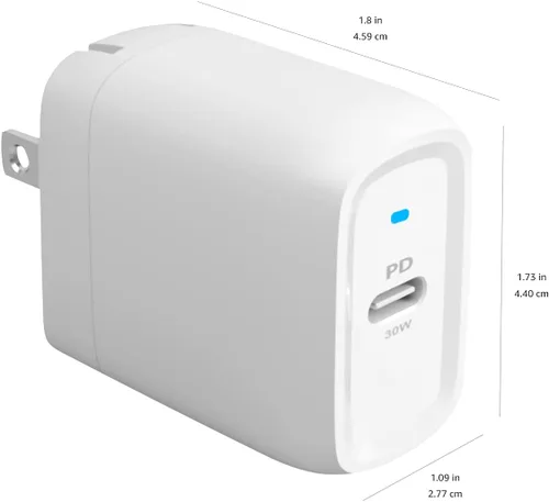 Vista 6 de Amazon Basics - Cargador de pared USB-C GaN de 30 W, con un puerto y carga rápida (Power Delivery PD) para tablets y teléfonos