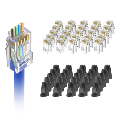 Vista 12 de Conector RJ45 blindado VCE Cat6 con funda de alivio de tensión, 25 unidades Fits 24-26AWG solid or stranded Cat6 STP/FTP cable 50 Pack Connectors