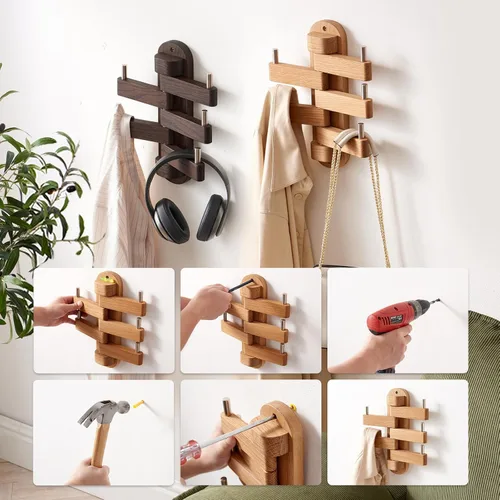Vista 5 de Perchero giratorio para pared, ganchos de pared de madera de roble con 5 brazos plegables giratorios, estante de entrada para dormitorio, entrada