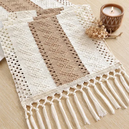 Vista 20 de FEXIA Camino de mesa bohemio para decoración del hogar, 12 x 72 pulgadas, decoración rústica de macramé Beige