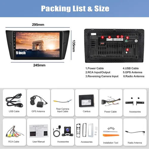 Vista 7 de 2G+64G CarPlay Android Auto Android 13 Estéreo de coche para BMW E90 E91 E92 E93 3 Series 2005-2011, 9 "Pantalla táctil Radio de coche con cámara