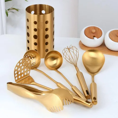 Vista 2 de Juego de utensilios de cocina, tubo de palillos, utensilios de cocina para sopa, cucharón, colador, agitador de huevos, clip de alimentos