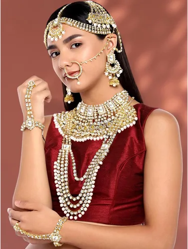 Vista 2 de Aheli Traditional Wedding Indian Bharatanatyam jewellery set Long Choker Necklace Earrings Maang Tikka Nath Paasa Hath Phool Gift for Women