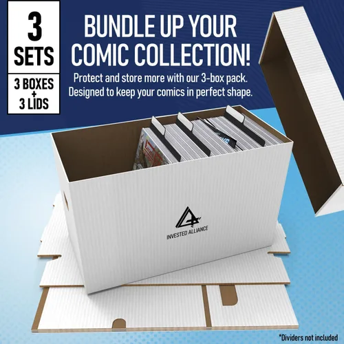 Vista 3 de Caja de almacenamiento de cómics cortos premium (paquete de 3 - blanco). Caja/gabinete de cartón grueso para cómics. Contenedor de libros de cómics