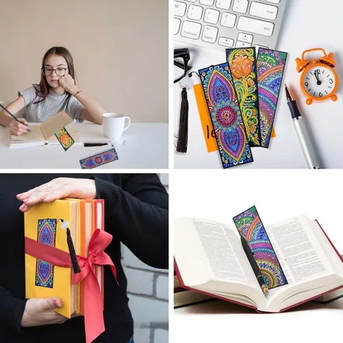 Vista 2 de Juego de 3 marcapáginas de arte de diamantes 5D para manualidades, manualidades, marcadores Dotz con borla para principiantes, niños, adultos
