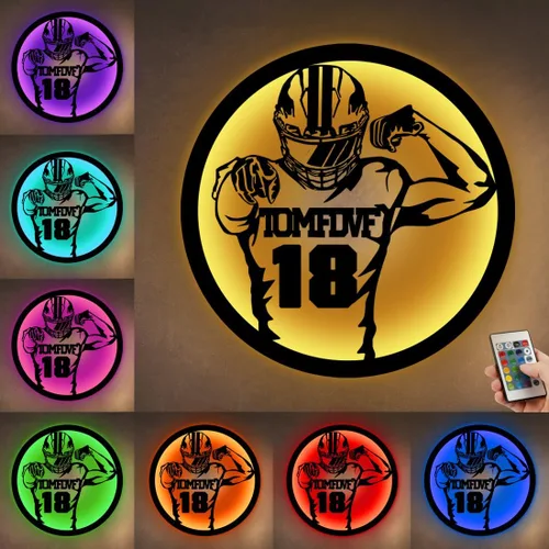 Vista 11 de Letrero de metal personalizado para jugador de fútbol con luz LED, nombre y número personalizado, arte de pared de fútbol, letrero de neón
