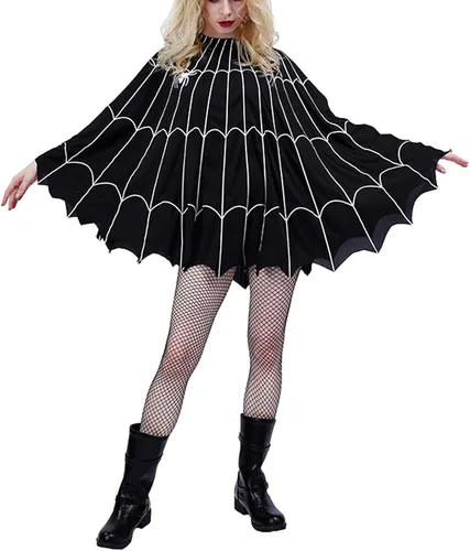 Vista 2 de Capa de Halloween para mujer, poncho gótico de telaraña para cosplay, escenario, fiesta, disfraz de Halloween para mujer Negro
