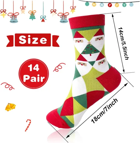 Vista 2 de 14 pares de calcetines de Navidad para mujer, calcetines de patrones coloridos novedosos, calcetines de algodón de Navidad para niñas, regalos