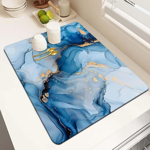 Vista 11 de MCALK Tapete de secado de platos negro mármol para encimera de cocina, almohadilla de secado de platos dorada con base de goma antideslizante