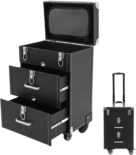 Vista 10 de Estuche de maquillaje con ruedas para cosméticos, carrito grande para cosméticos con cerraduras, organizador de almacenamiento de cosméticos, Negro