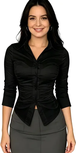 Vista 5 de Camisa sexy de manga larga ajustada con cuello de fila y cintura plisada con botón para camisa de mujer