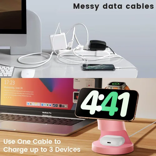 Vista 2 de Estación de carga inalámbrica 3 en 1 para dispositivos Apple Magsafe - Cargador para iPhone 17 16 15 14 13 12 AirPods 2/3/4/Pro iWatch Rosa