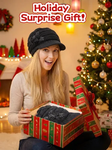 Vista 7 de C-US Gorro de invierno para mujer de punto con ala tejida y visera con detalle de flor Negro