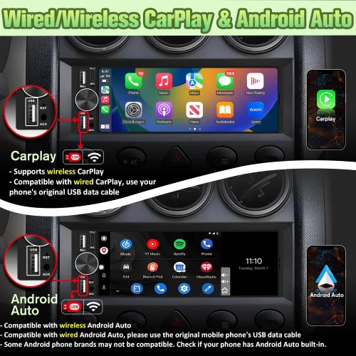 Vista 4 de Estéreo para automóvil Single Din de 6.36 pulgadas con CarPlay inalámbrico y Android Auto, unidad principal con pantalla táctil IPS con cámara