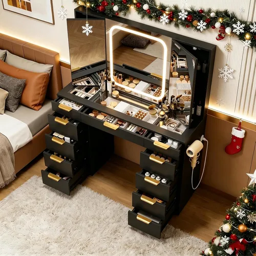 Vista 8 de Escritorio de tocador de cristal con espejo y luces, 11 cajones de maquillaje con taburete, 3 modos de iluminación con toma de corriente, asas