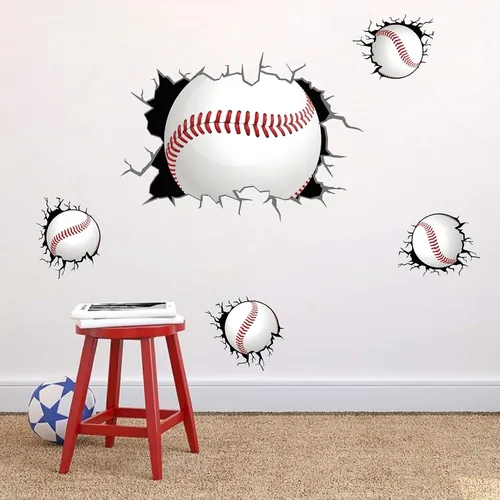 Vista 7 de Calcomanías de pared de béisbol 3D para decoración de dormitorio de Papel tapiz de béisbol, extraíble para despegar y pegar, decoración