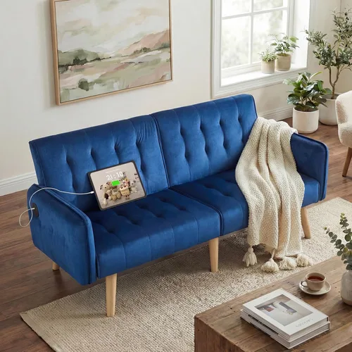 Vista 15 de TYBOATLE Sofá Cama Futón Plegable Convertible Moderno de Terciopelo de 65" de Ancho con 2 Puertos de Carga USB y Brazos, Sofá de Dos Plazas