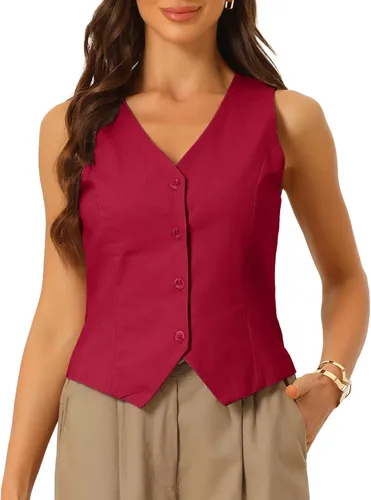 Vista 9 de Allegra K Chaleco para mujer, de verano, algodón, lino, sin mangas, con botones, cuello en V, totalmente forrado, chalecos recortados Negro