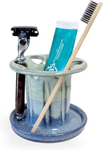 Vista 6 de Soporte para cepillos de dientes de cerámica fácil de limpiar para baños de niños y familias grandes, organizador de encimera estilo rústico (negro)