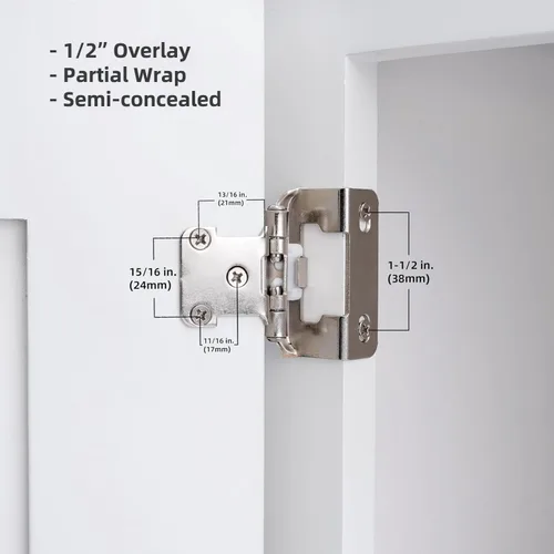 Vista 3 de Decobasics Paquete de 2 bisagras de gabinete de níquel cepillado superpuestas de 1/2 pulgada para puertas de gabinete (1 par), bisagras de marco