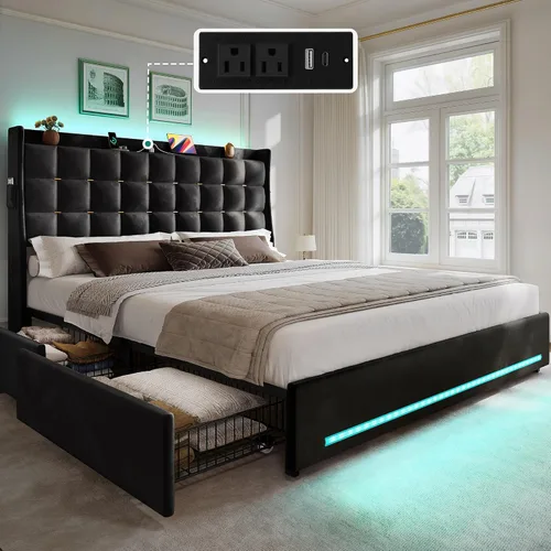 Vista 9 de YITAHOME Queen Size Bed Frame with 4 Storage Drawers and RGB LED Lights Negro