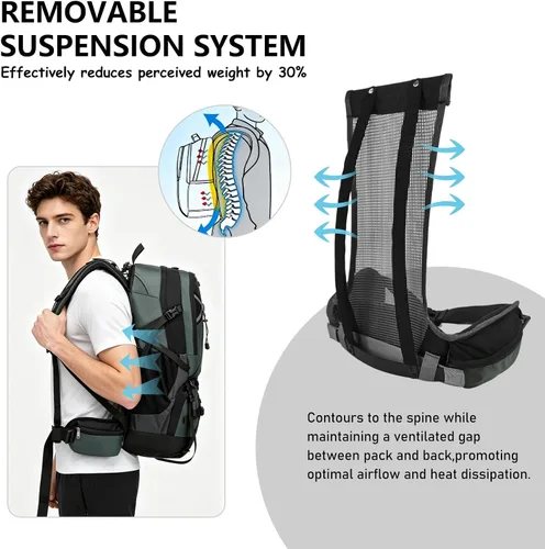 Vista 2 de Mochila de senderismo con marco interno de 55L para mujeres y hombres Negro