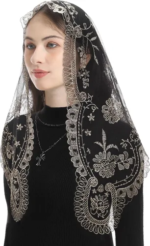 Vista 3 de Bozidol Velo de iglesia triangular tradicional - Estilo español con bordado del Santo Grial de Encaje Mantilla velo para mujer