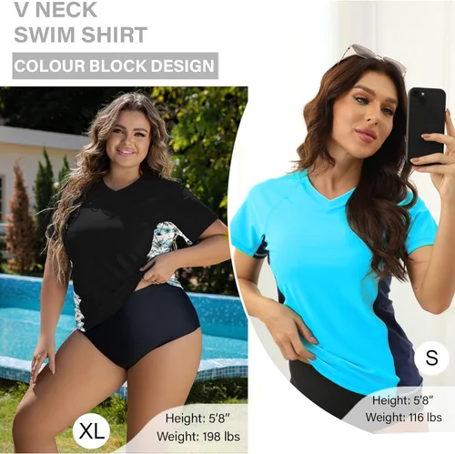 Vista 7 de Tournesol Women's Rash Guard Short Sleeve Swimsuit Swim Shirt UV Swimwear Tee Bathing Suit Tops only v Neck UPF50+