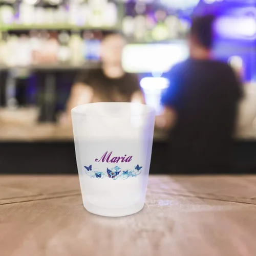 Vista 2 de Taza de cristal de cerámica azul de mariposa femenina con texto personalizado