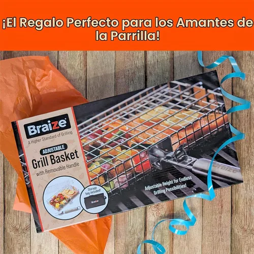 Vista 5 de Cesta de parrilla ajustable con mango extraíble – 4 niveles de altura para verduras, carne, pescado y más – Cesta de barbacoa con tapa de bloqueo