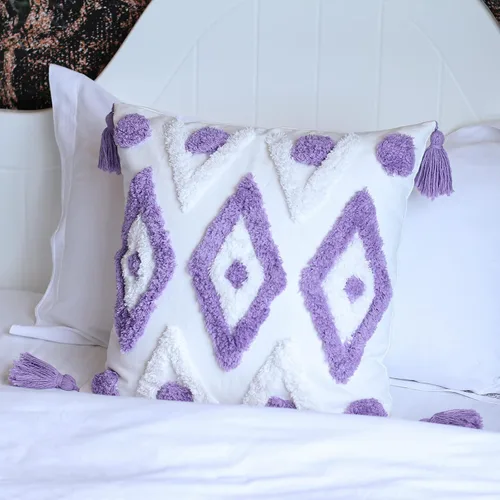 Vista 3 de ANGELLOONG Fundas de almohada de color morado claro y blanco, fundas de almohada de lavanda para cama, fundas de almohada modernas con borlas