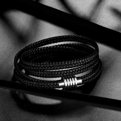 Vista 5 de Pulsera de cuero para hombre, pulsera trenzada negra de acero inoxidable, pulsera ajustable de protección multicapa para mujer