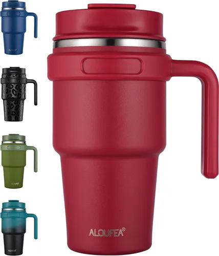 Vista 20 de Taza de café aislada de 20 onzas con asa, vaso de viaje de acero inoxidable con tapa y popote, taza térmica de doble pared al vacío a prueba de Negro