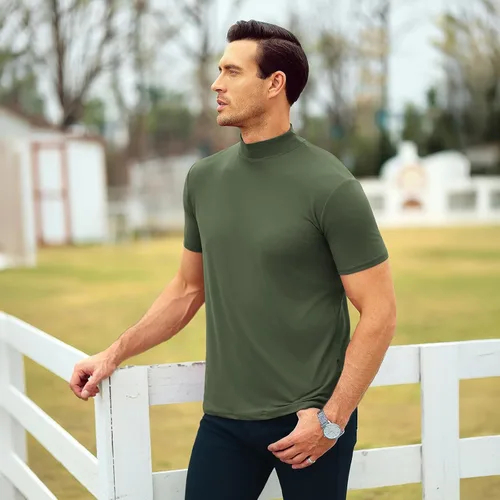 Vista 7 de Men's T Shirt Short Sleeve Basic Mock Turtleneck Tops Verde militar