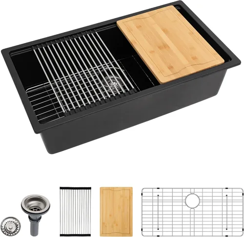 Vista 9 de Dcolora Fregadero de Barra de Composite de Cuarzo de 22 Pulgadas Negro Bajo Encimera Pequeño Fregadero de Cocina de Composite de Granito Prep RV