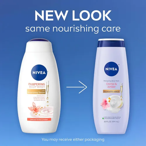 Vista 2 de NIVEA Delicado jabón corporal Orchid and Amber con suero nutritivo, botella de 20 onzas líquidas