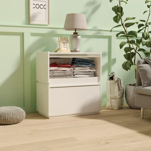 Vista 8 de woodtalks Cómoda apilable para puerta elevable, juego de 2 contenedores de almacenamiento con tapas, armarios multiusos para dormitorio, mesita