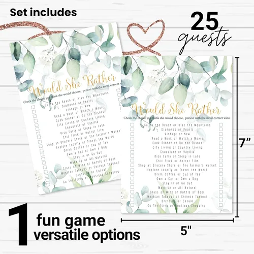 Vista 2 de Greenery - Juegos de despedida de soltera – 25 tarjetas – Quién conoce mejor a la novia y si prefiere – Diseños botánicos rústicos para recepción
