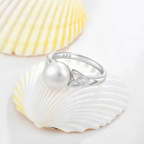 Vista 2 de STARCHENIE Anillos de perlas, anillo de compromiso de boda con nudo celta para mujer, anillo de plata de ley talla 5-10